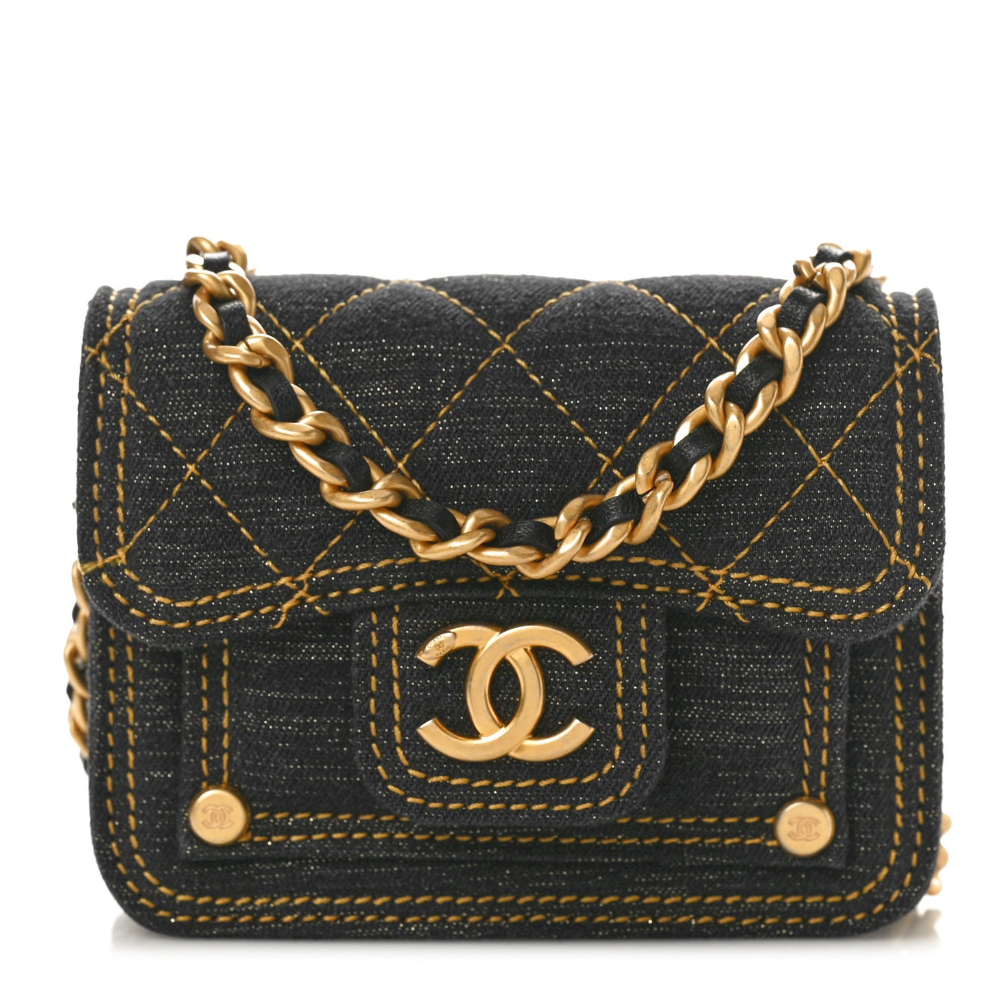 Denim Quilted Double You Card Holder On Chain Black Golden