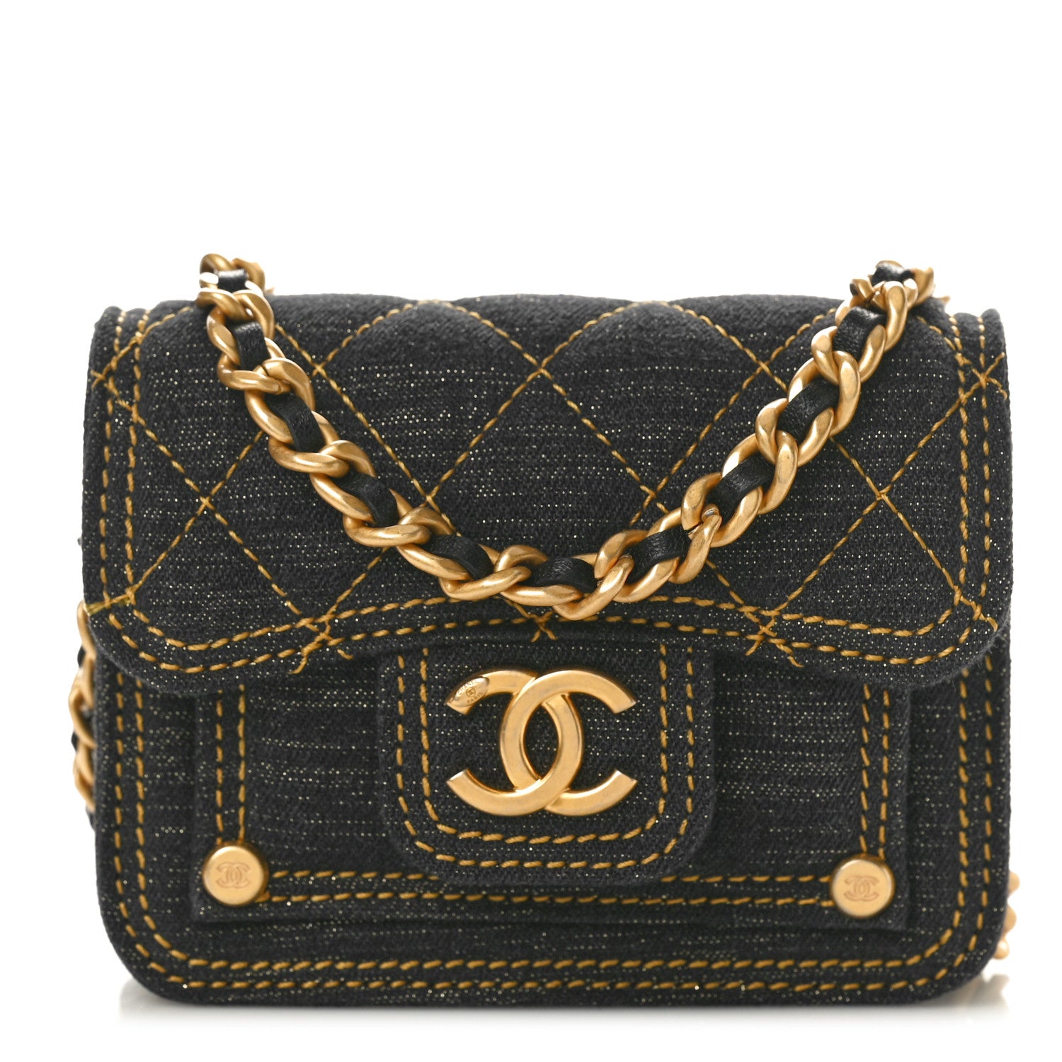 Chanel Denim Quilted Double You Card Holder On Chain Black Golden 1 of 10