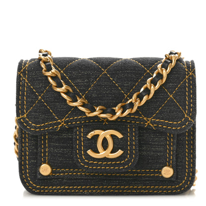 Chanel Denim Quilted Double You Card Holder On Chain Black Golden 1 of 10