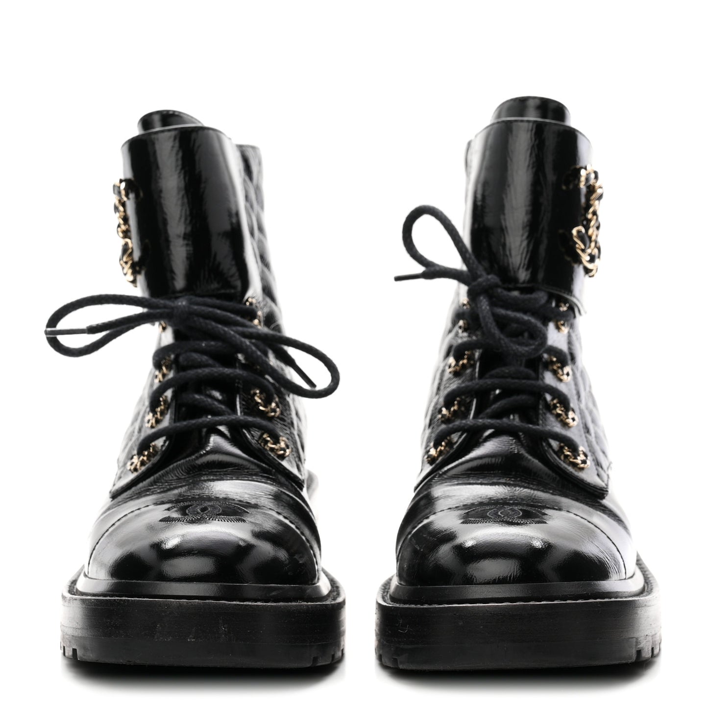 Shiny Lambskin Quilted Lace Up Combat Boots 38 Black