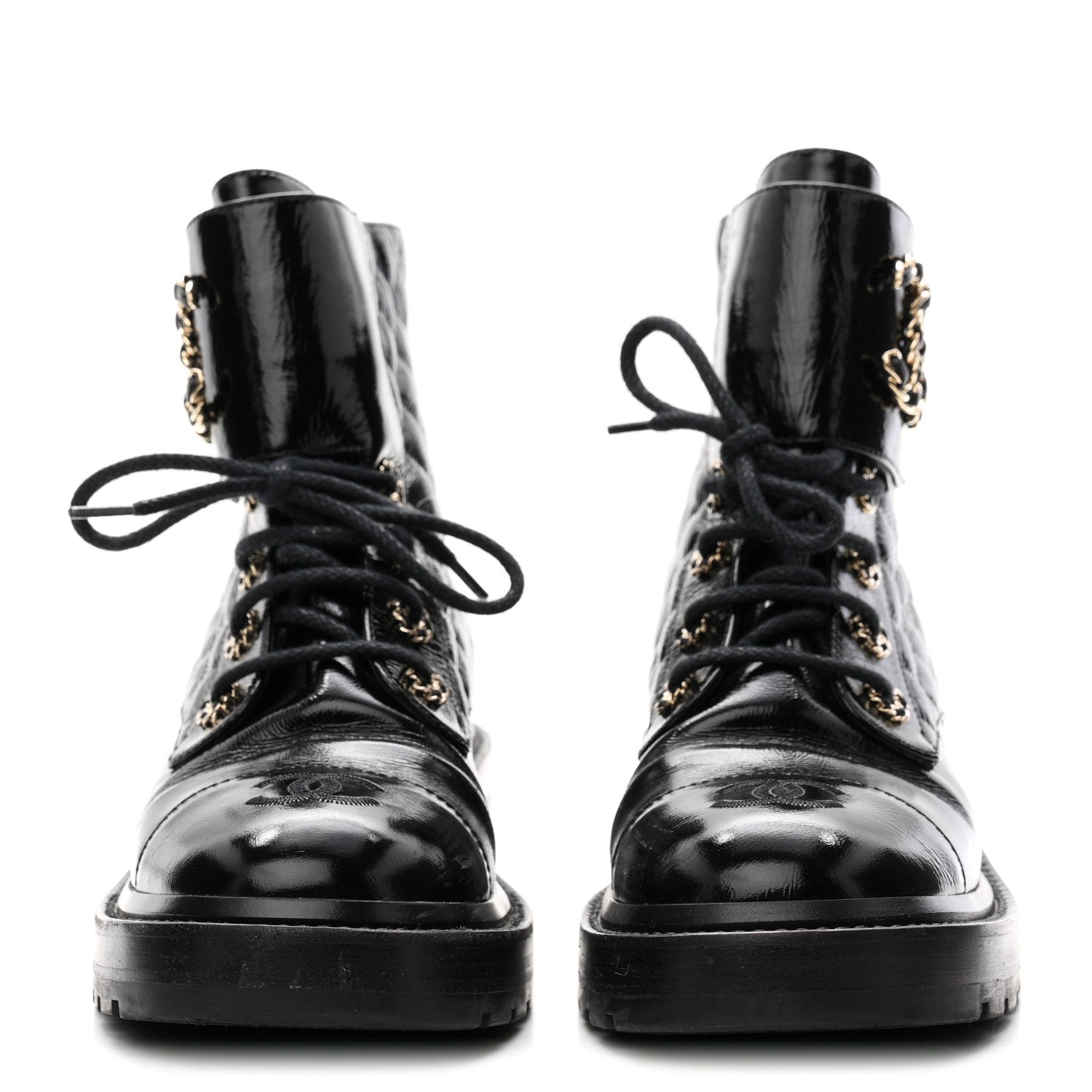 Chanel Shiny Lambskin Quilted Lace Up Combat Boots 38 Black 3 of 11