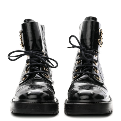 Chanel Shiny Lambskin Quilted Lace Up Combat Boots 38 Black 3 of 11