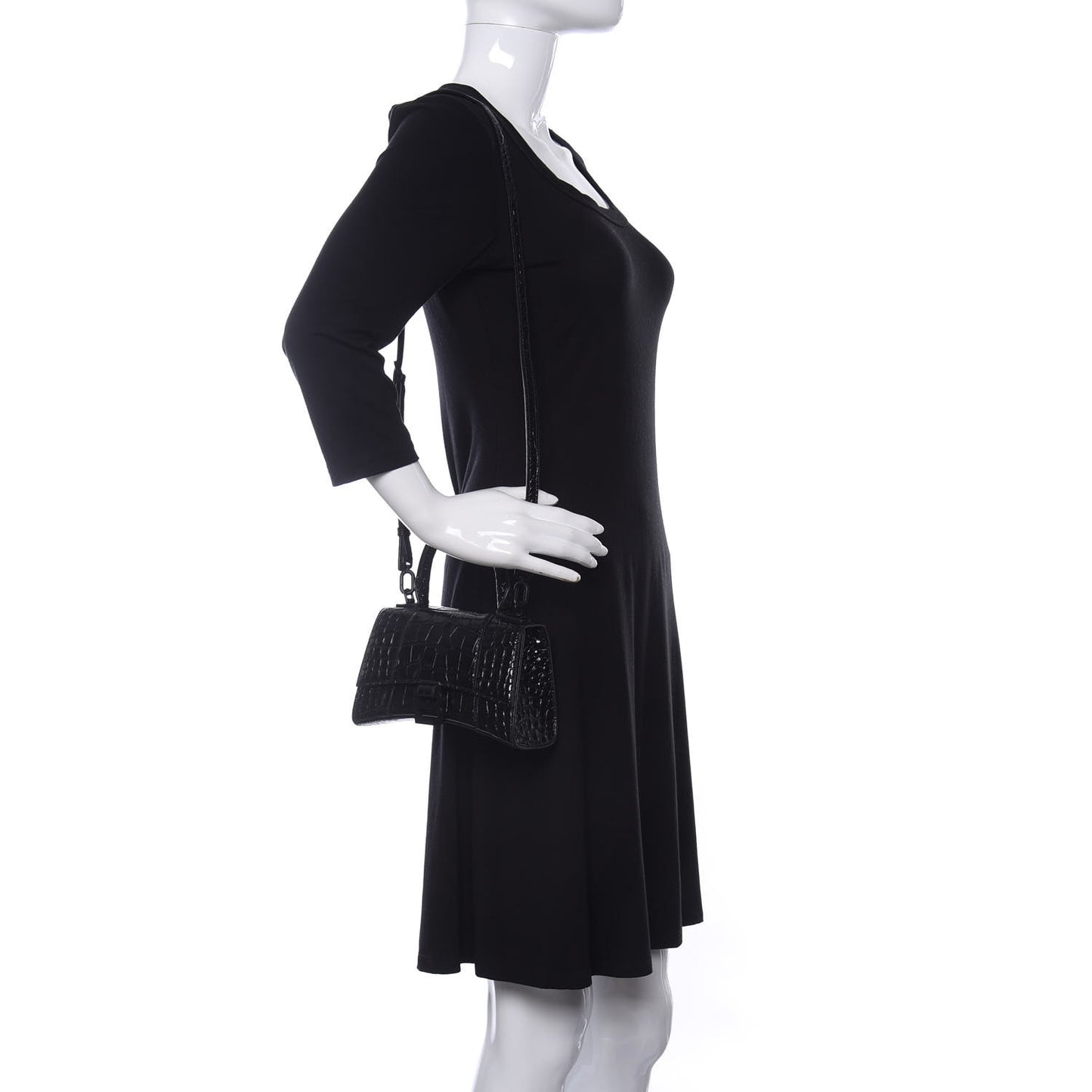 Shiny Calfskin Monochrome Crocodile Embossed Hourglass Top Handle Bag XS Black