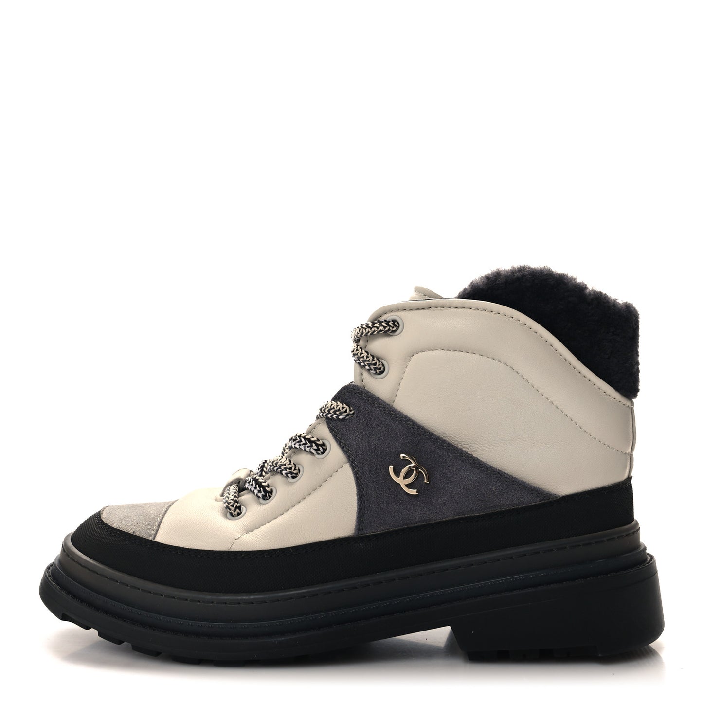 Lambskin Shearling Suede CC High Lace Up Boots 41 Grey Black