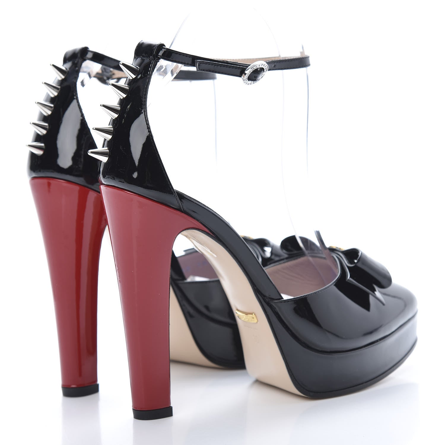 Gucci Patent Crystal GG Bow Sadie Spike Ankle Strap d'Orsay Platform High Heel Pumps 38 Black 4 of 8