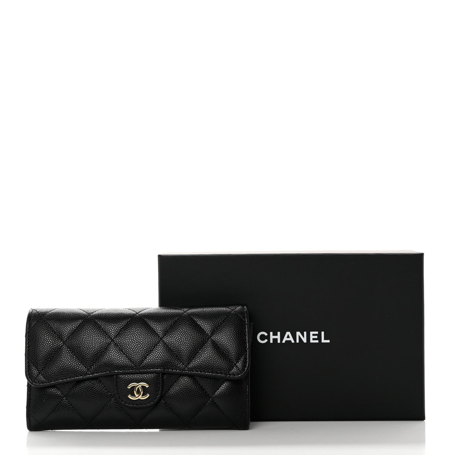 Caviar Quilted Medium Gusset Flap Wallet Black