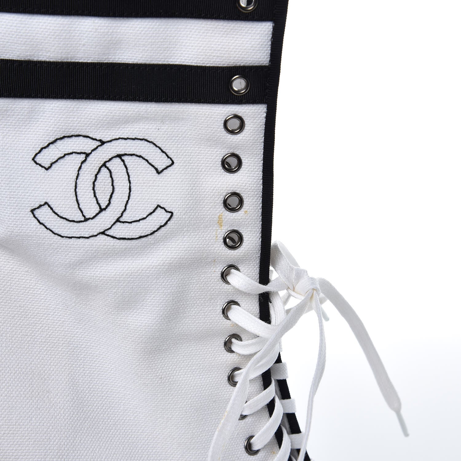 Chanel Canvas Lace Up Wedge Boots 37.5 White Black 13 of 13
