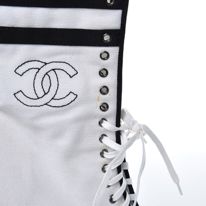 Chanel Canvas Lace Up Wedge Boots 37.5 White Black 13 of 13
