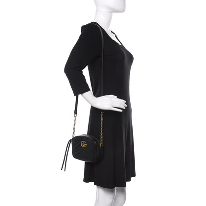 Gucci Calfskin Matelasse Mini GG Marmont Chain Shoulder Bag Black 2 of 11