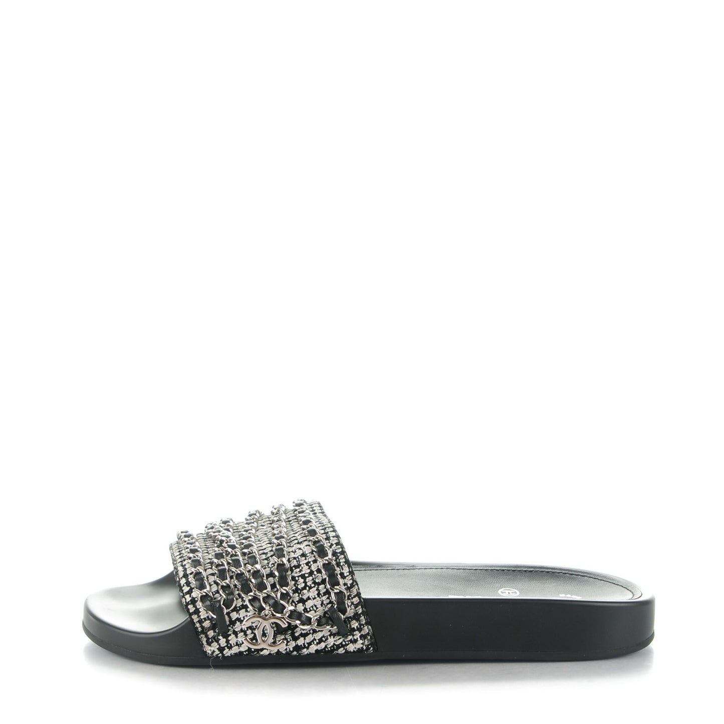 Tweed Lambskin Chain Flat Sandals 41 Black White