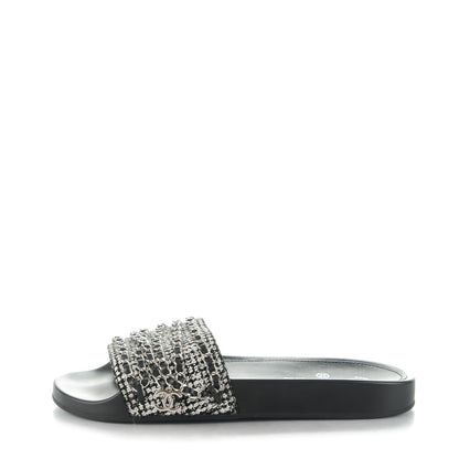 Chanel Tweed Lambskin Chain Flat Sandals 41 Black White 1 of 8