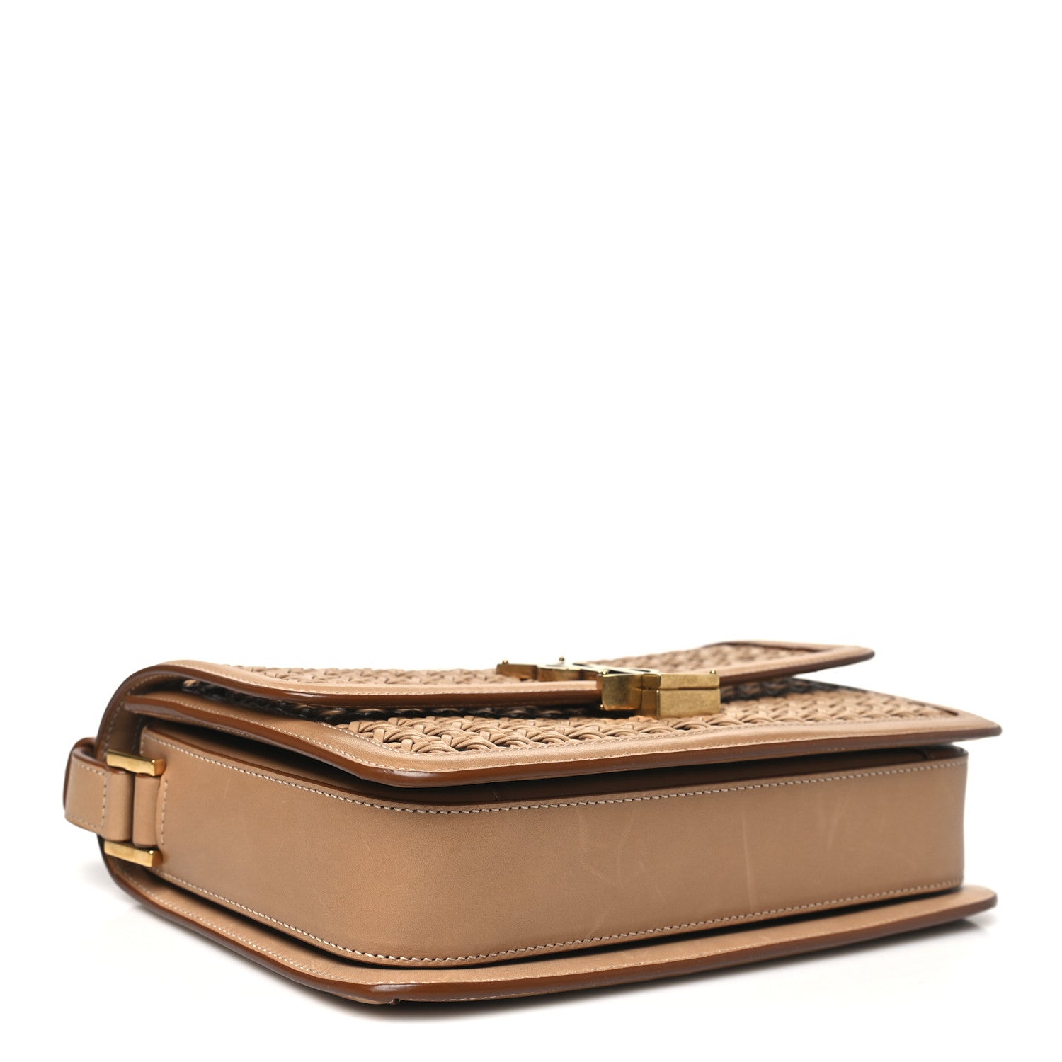 Saint Laurent Calfskin Woven Wood Medium Monogram Solferino Satchel Vintage Brown 4 of 10