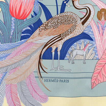 Hermes Silk Twill Precious Paradise Scarf 90 Jaune Soufre Bleu Rose 3 of 4