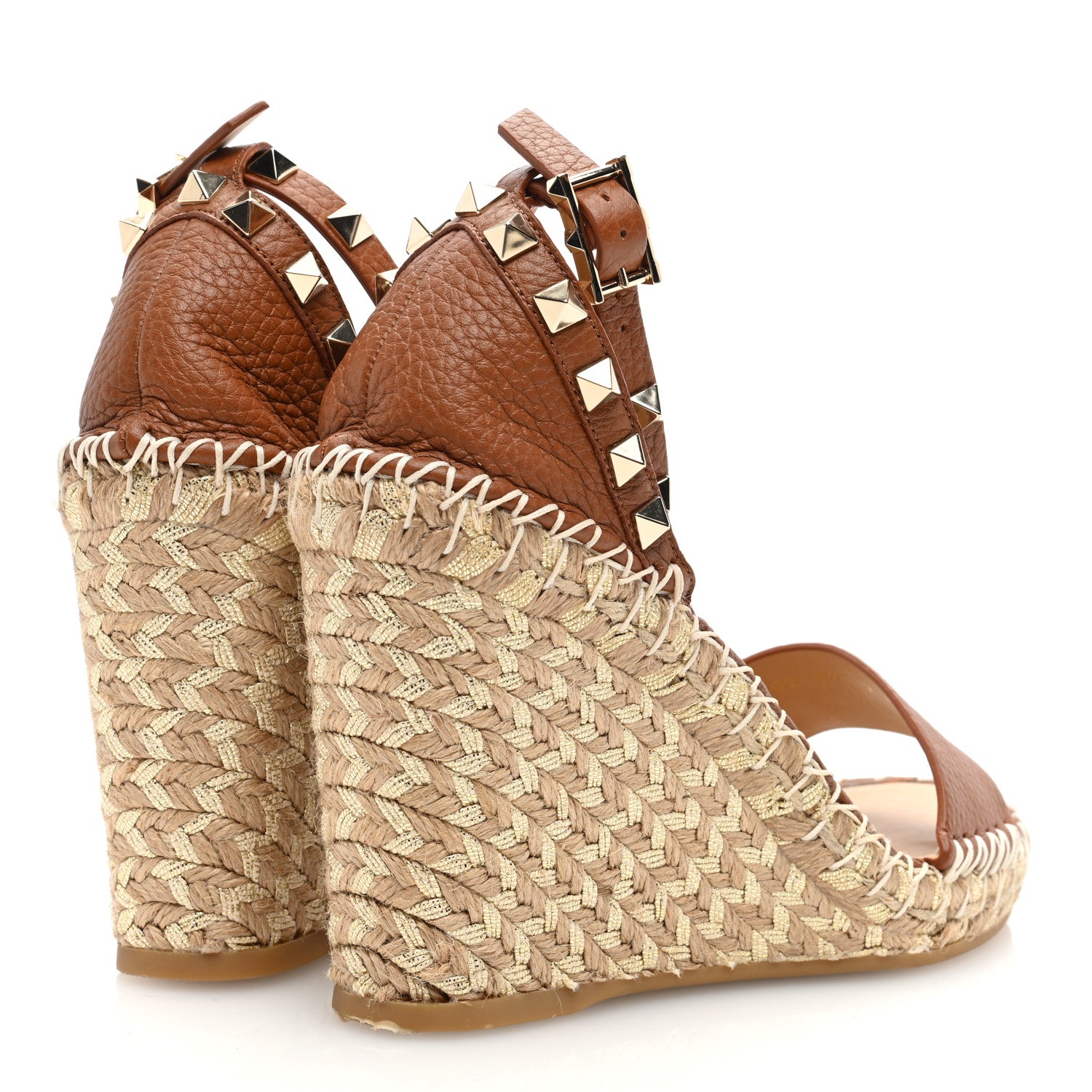 Valentino Garavani Grained Calfskin Rockstud Ankle Strap Espadrille 15/105mm Wedge Sandals 37 Cuoio Natural 4 of 7