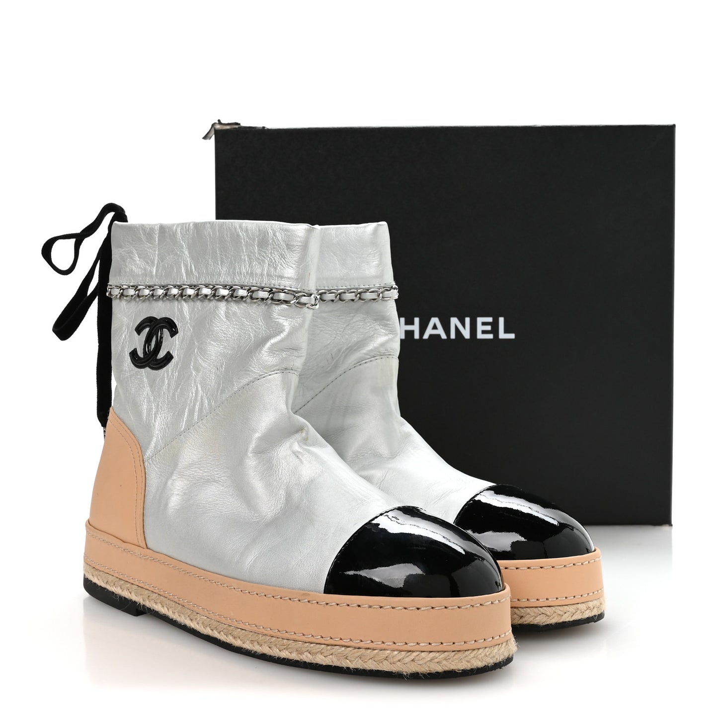 Lambskin Patent Cap Toe CC Chain Espadrille Boots 40 Silver Black Beige