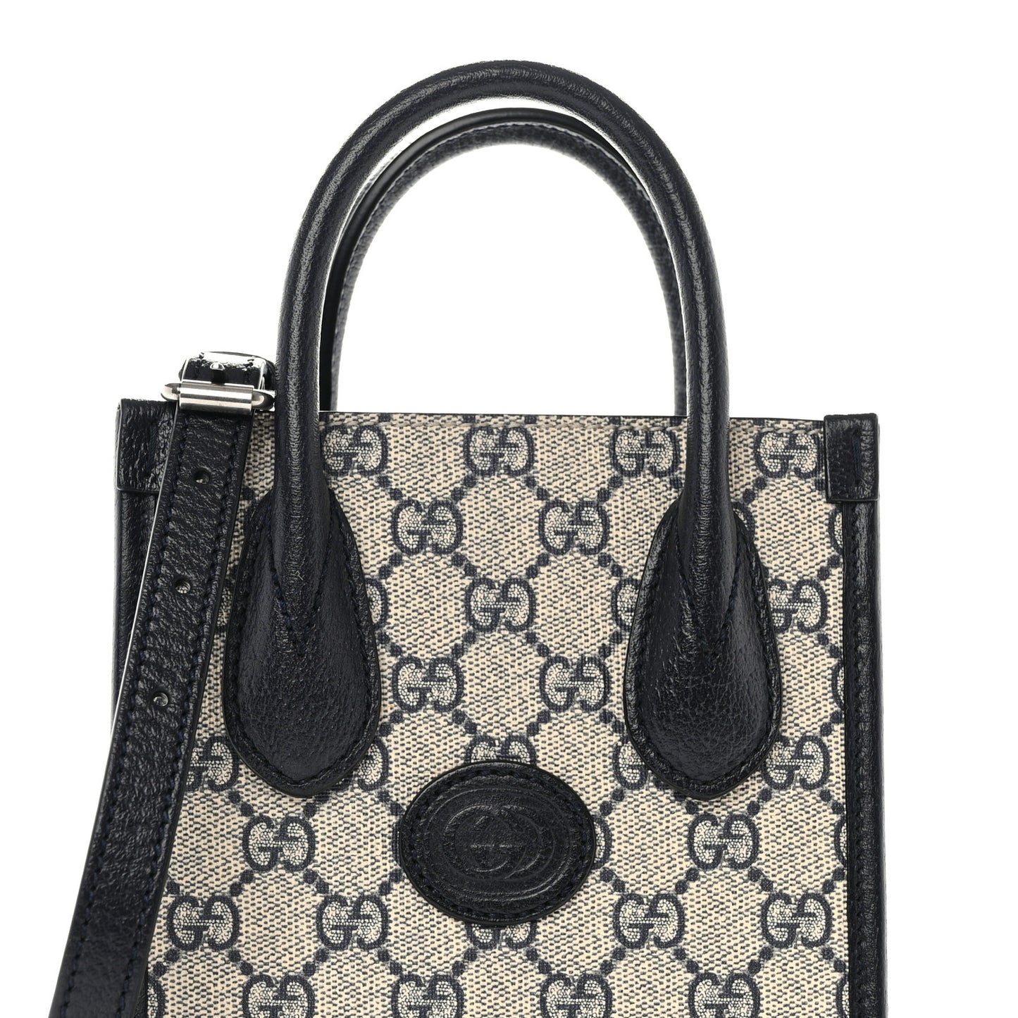 GG Supreme Monogram Textured Dollar Calfskin Mini Retro Interlocking G Tote Bag Beige Blue