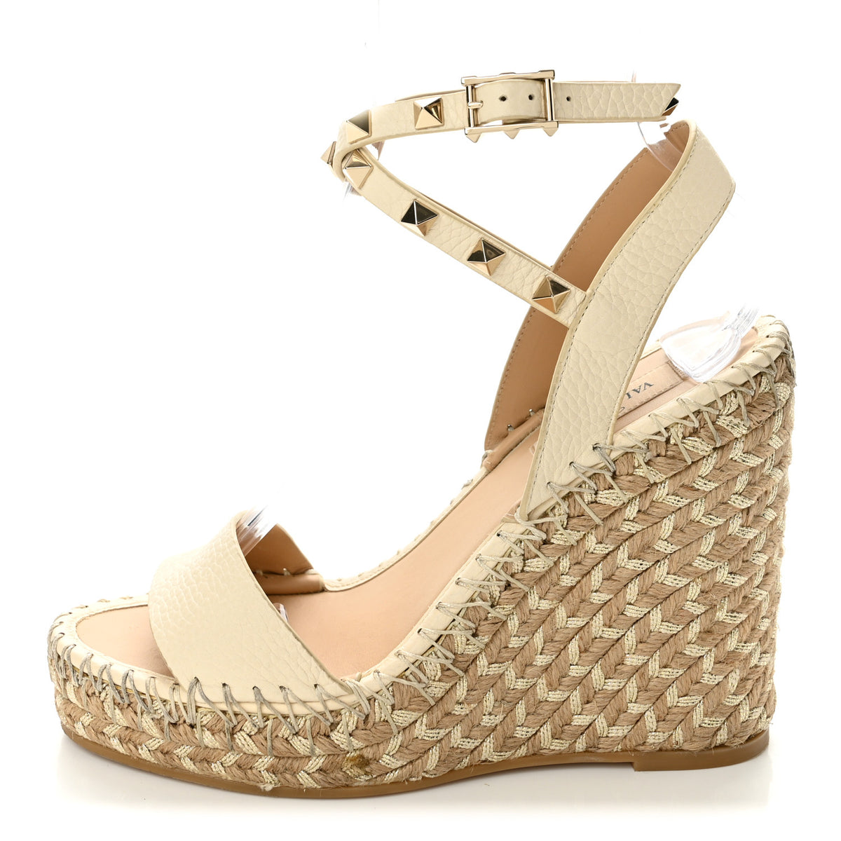 Grained Calfskin Rockstud Ankle Strap Espadrille 15/105mm Wedge Sandals 36 Light Ivory Natural