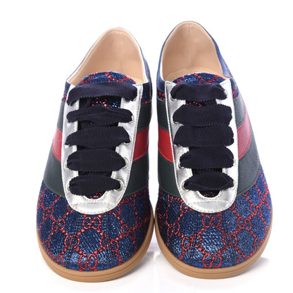 Gucci Lurex Calfskin Web GG Monogram Mens Falacer Sneakers 8.5 Iridescent Blue Iridescent Red Silver 5 of 11
