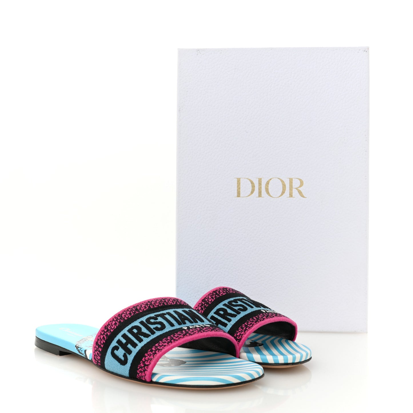 Canvas D-Jungle Pop Embroidered Dway Flat Slide Sandals 37 Bright Blue Pink Multicolor