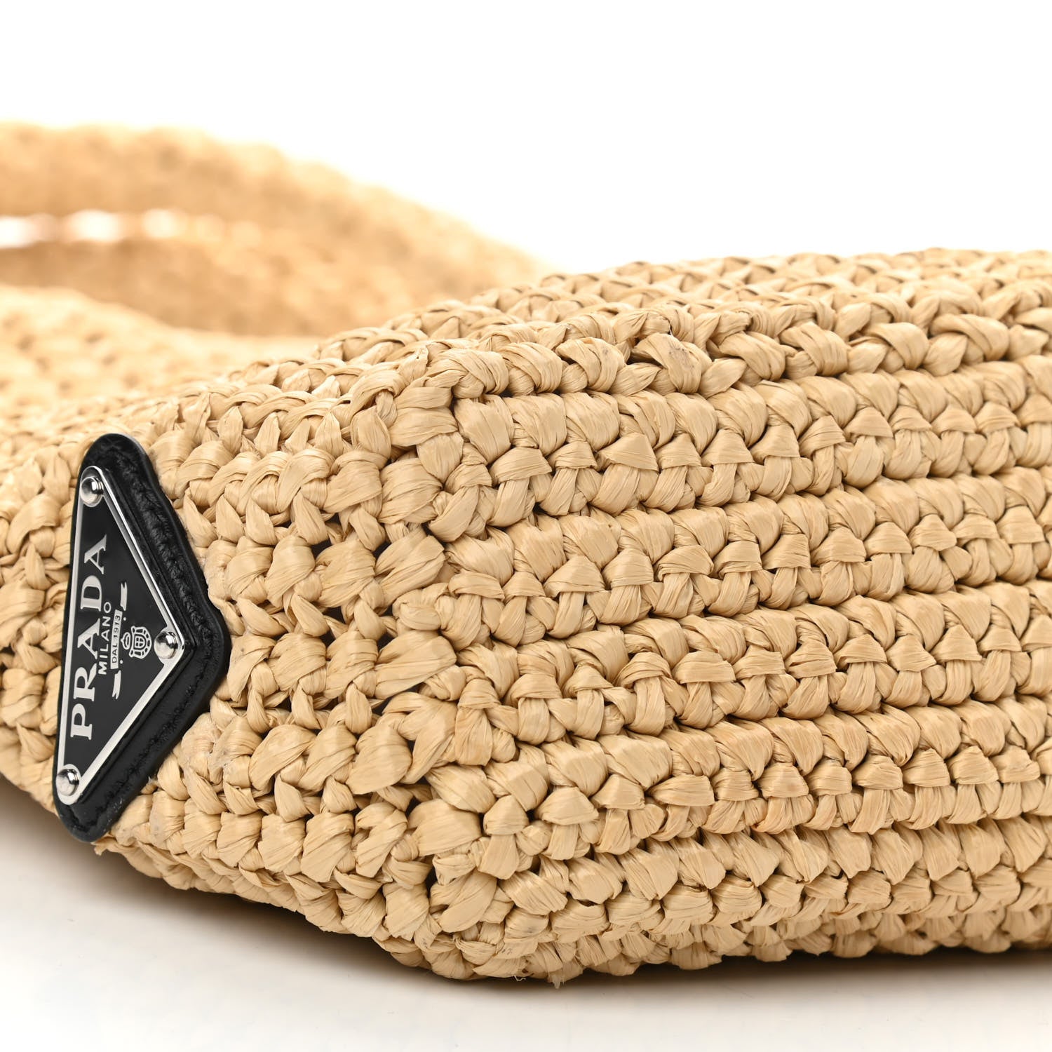 Prada Yarn Raffia Effect Crochet Embroidered Small Logo Tote Naturale 8 of 9