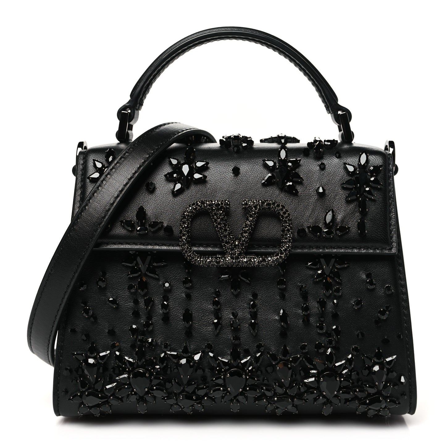 Calfskin Crystal Embroidered Mini Vsling Top Handle Bag Black