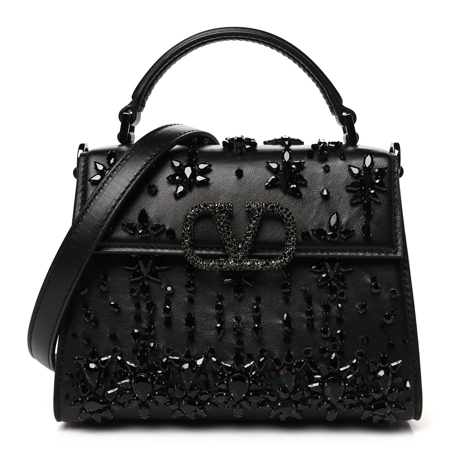Valentino Garavani Calfskin Crystal Embroidered Mini Vsling Top Handle Bag Black 1 of 10