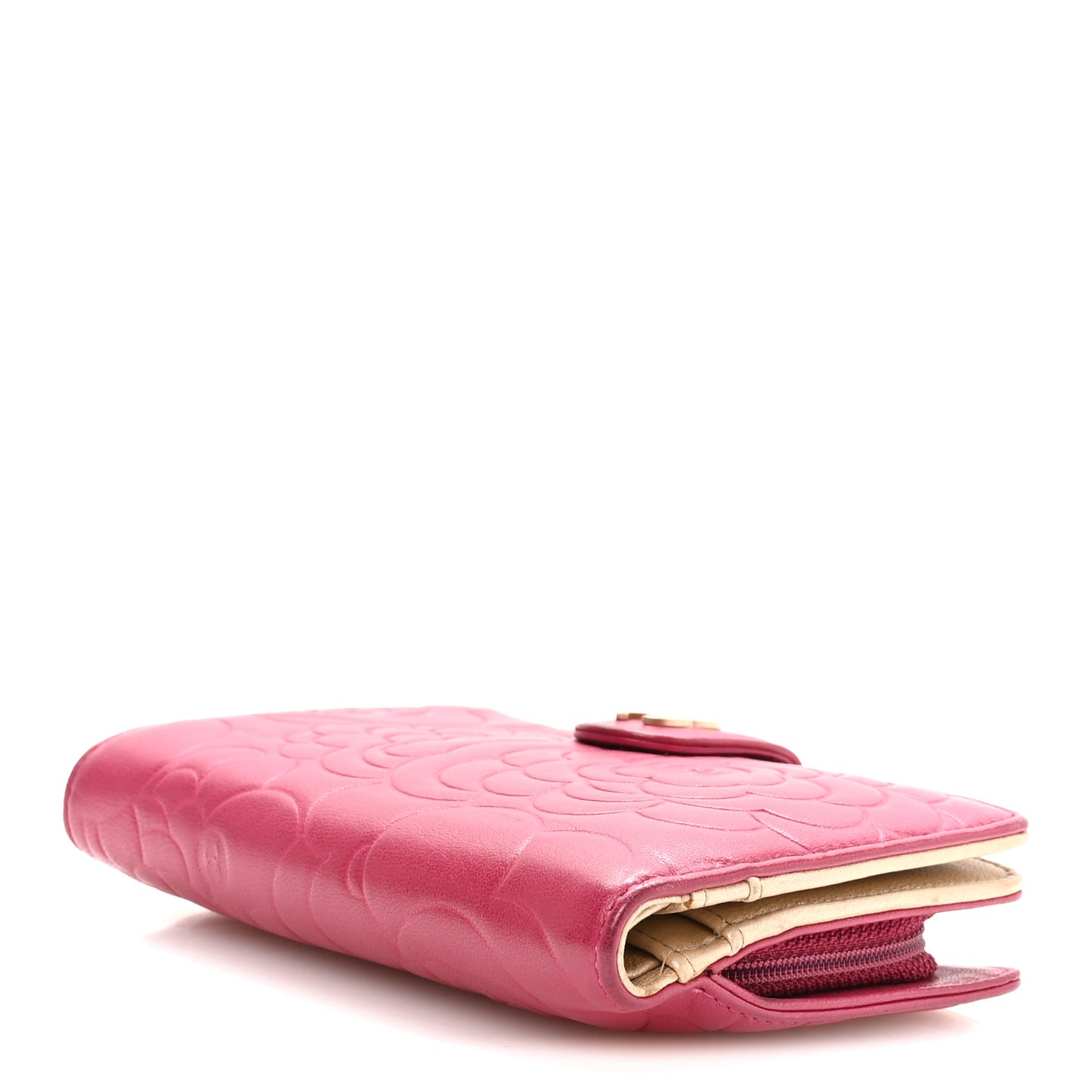 Lambskin Camellia Embossed L-Zip Pocket Wallet Pink