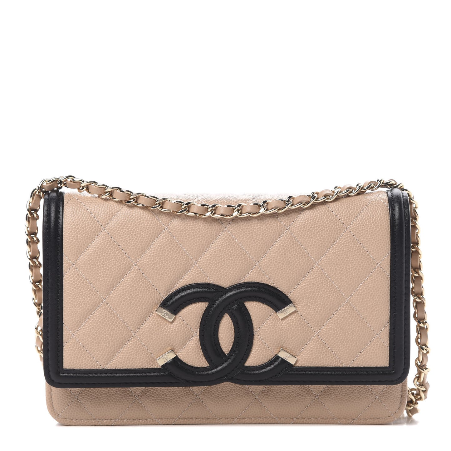 Caviar Quilted CC Filigree Wallet On Chain WOC Beige Black