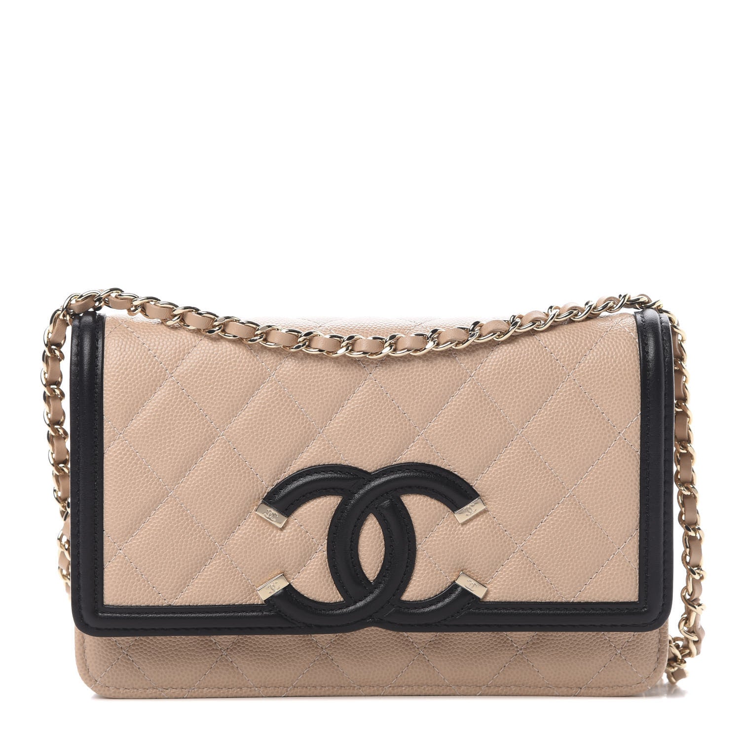 Chanel Caviar Quilted CC Filigree Wallet On Chain WOC Beige Black 1 of 12