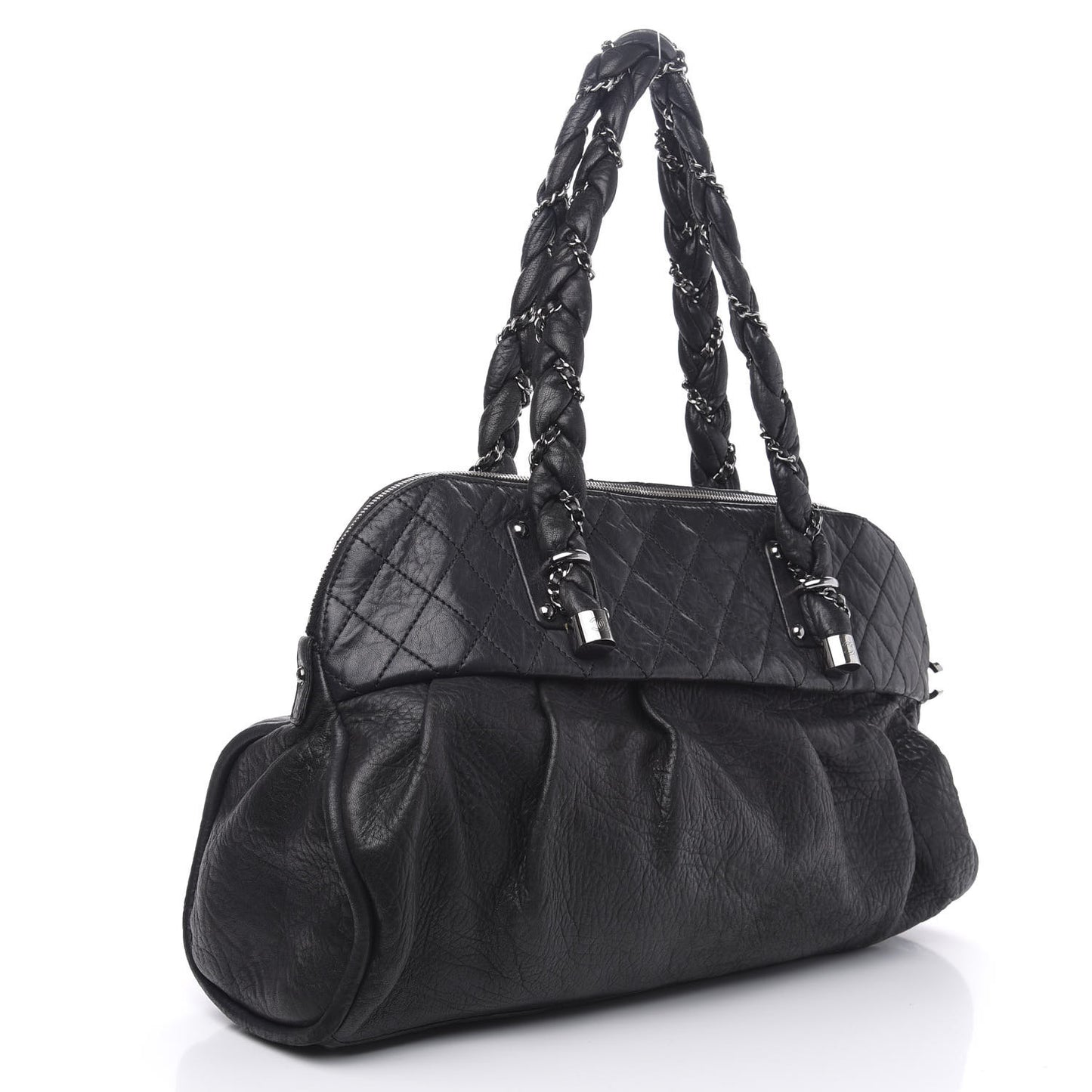 Distressed Lambskin Large Lady Braid Satchel Black