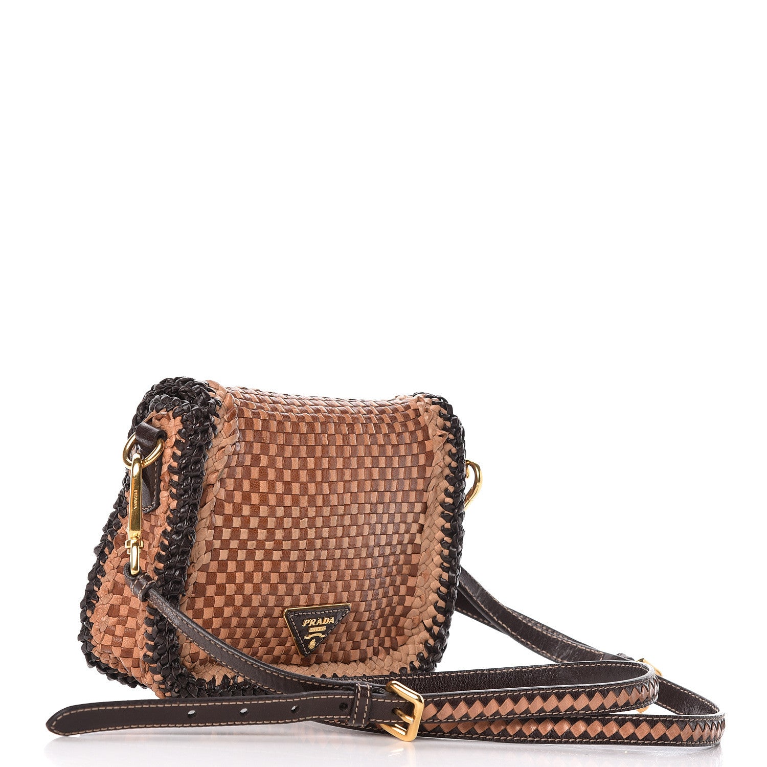 Prada Goatskin Woven Flap Crossbody Sughero Caramel 3 of 14