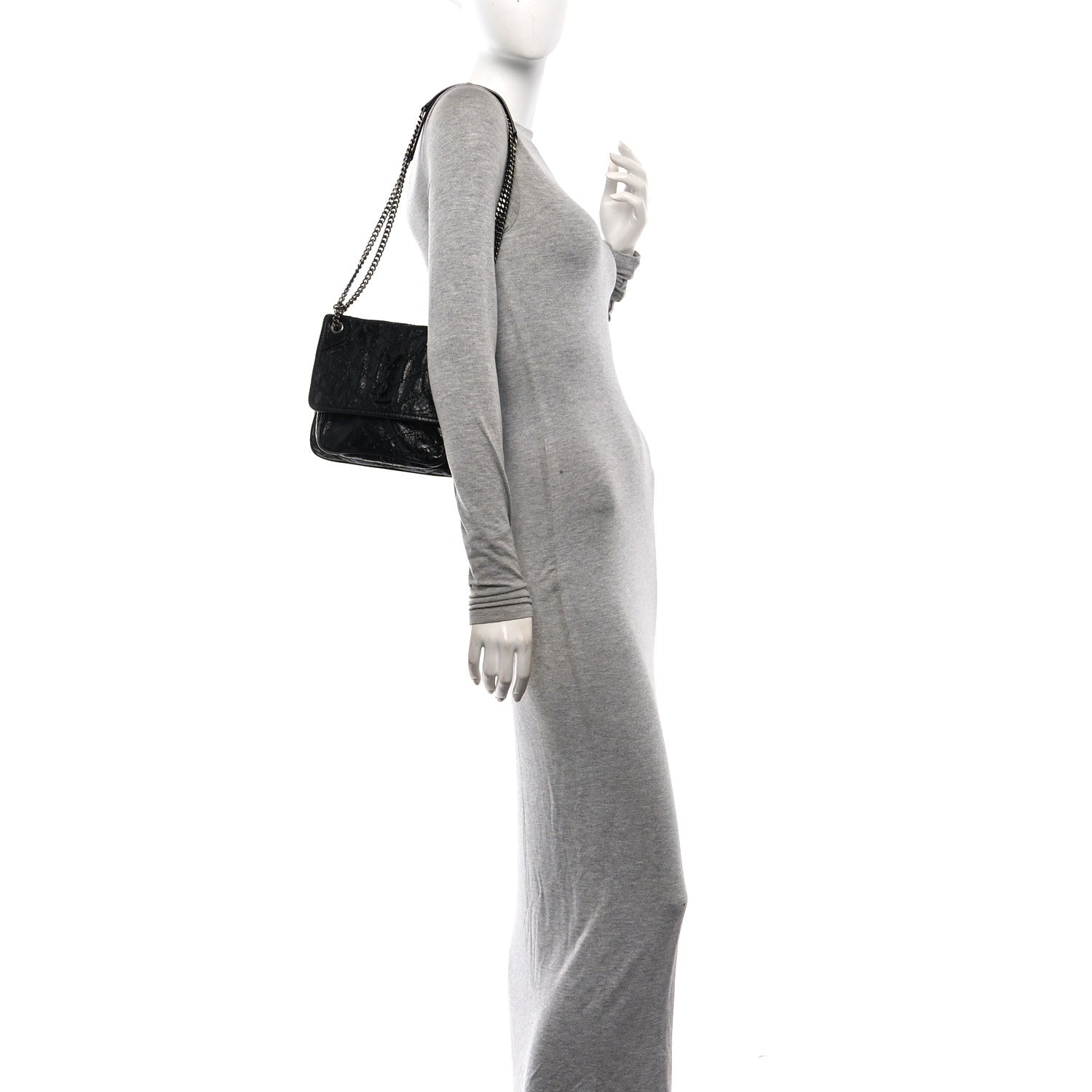 Saint Laurent Crinkled Calfskin Matelasse Monogram Baby Niki Chain Satchel Black 2 of 12