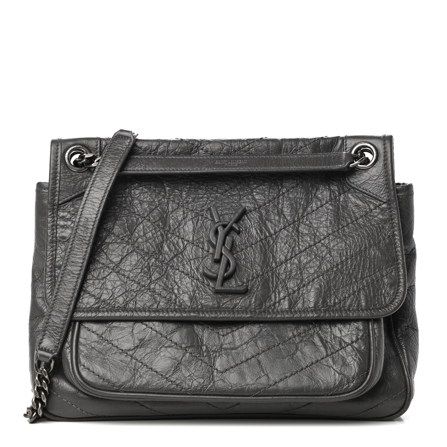 Crinkled Calfskin Matelasse Monogram Medium Niki Chain Satchel Asphalt