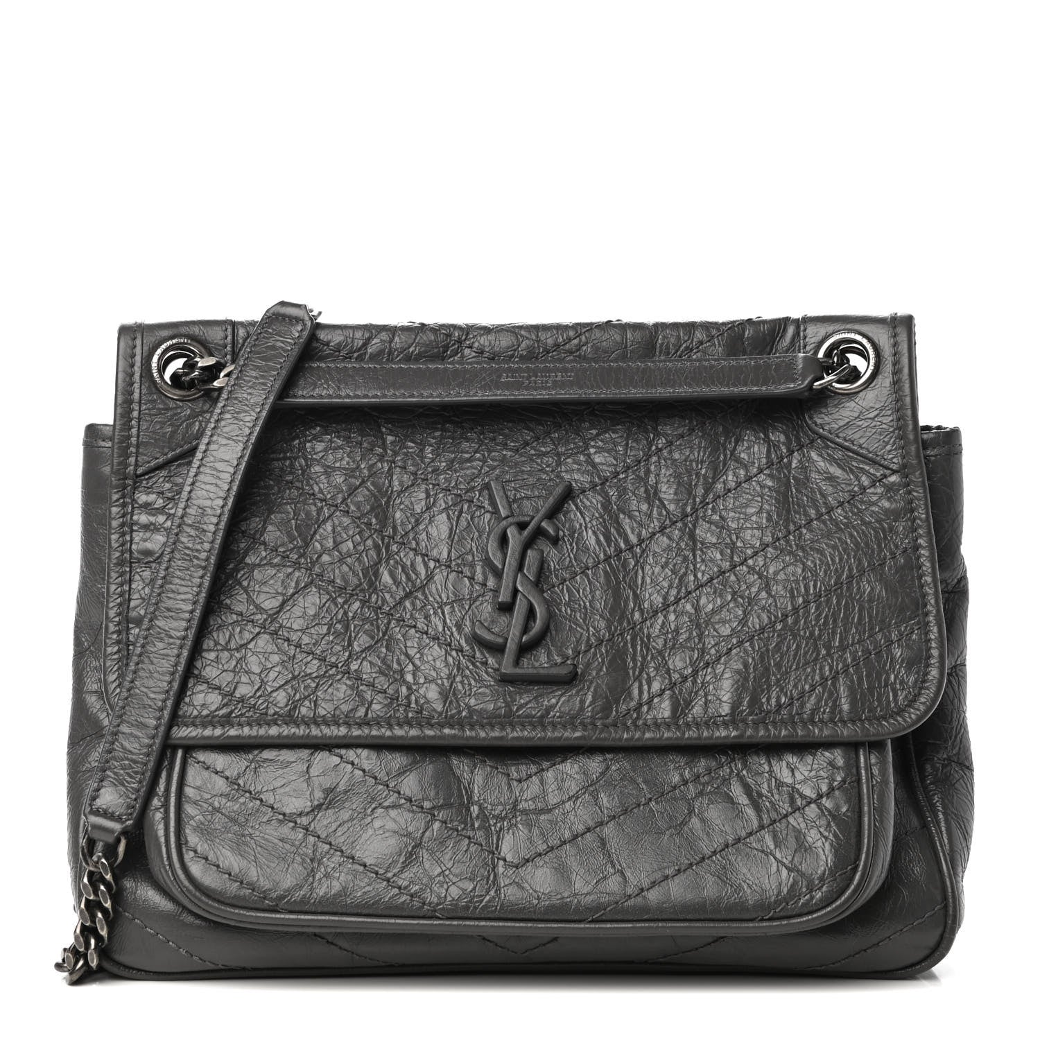 Saint Laurent Crinkled Calfskin Matelasse Monogram Medium Niki Chain Satchel Asphalt 1 of 4