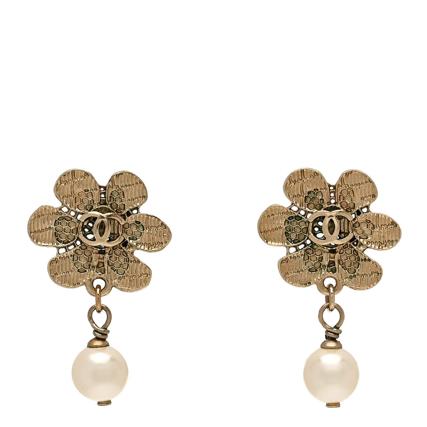 Chanel Pearl CC Camellia Dangle Earrings Gold 1 of 4