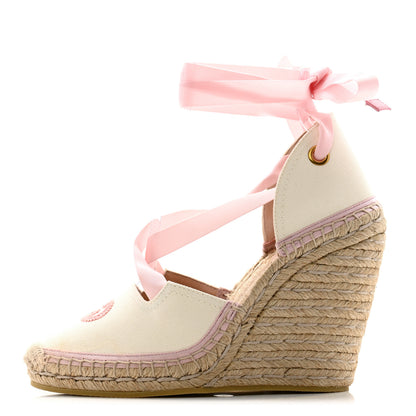 Gucci Canvas Grossgrain Embroidered Judit Ankle Wrap Platform 35/120mm Espadrille Wedges 37.5 White Shell 1 of 8