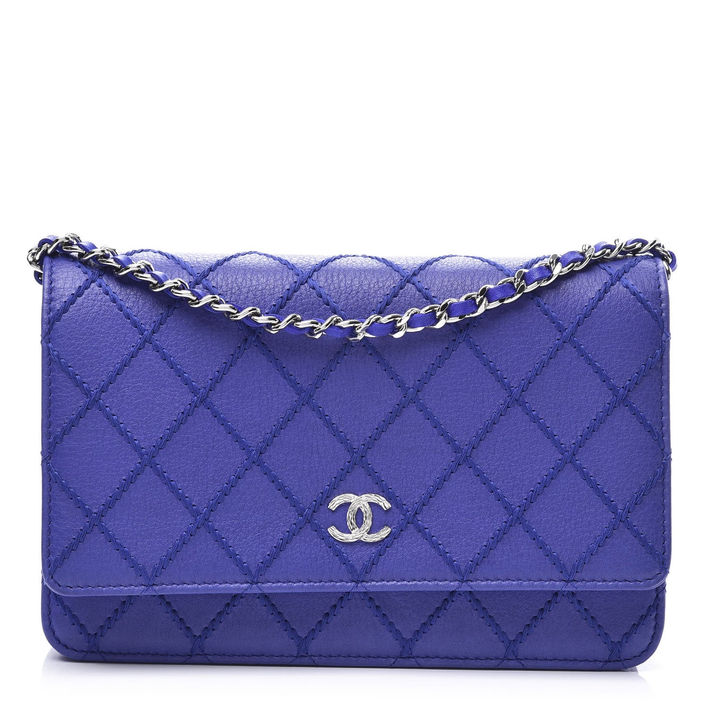 Calfskin Quilted Fancy CC Wallet On Chain WOC Blue