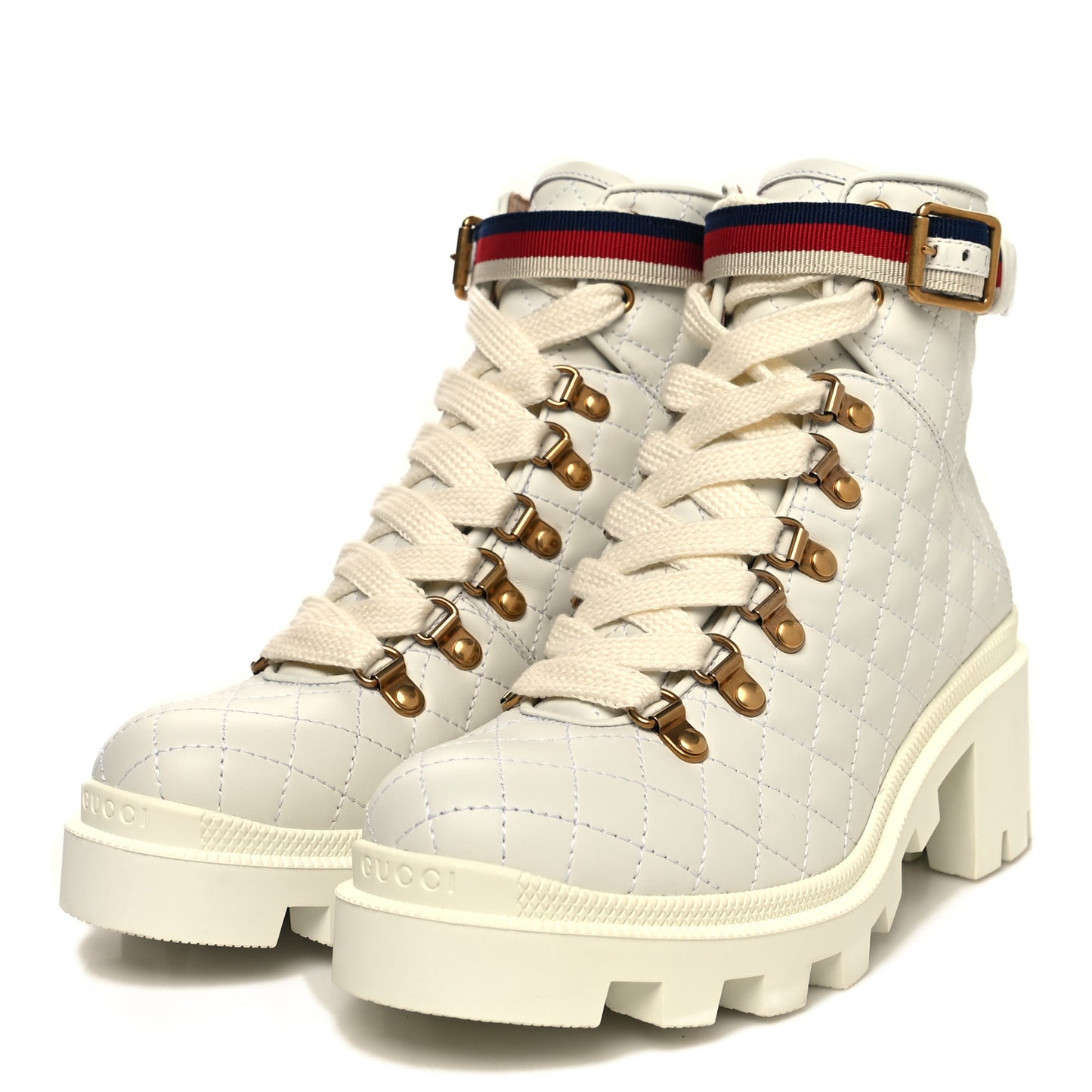 Calfskin Quilted Sylvie Web Lace Up Combat Ankle Boots 36.5 White