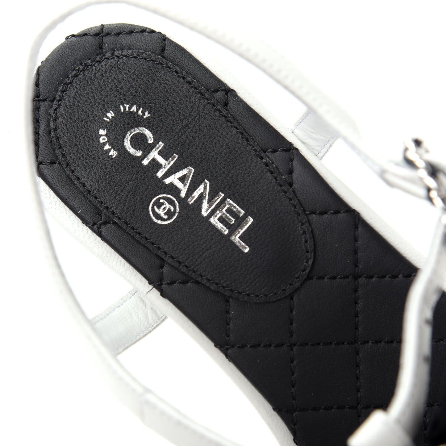 Lambskin Crystal Chain CC Logo Thong Sandals 35.5 White