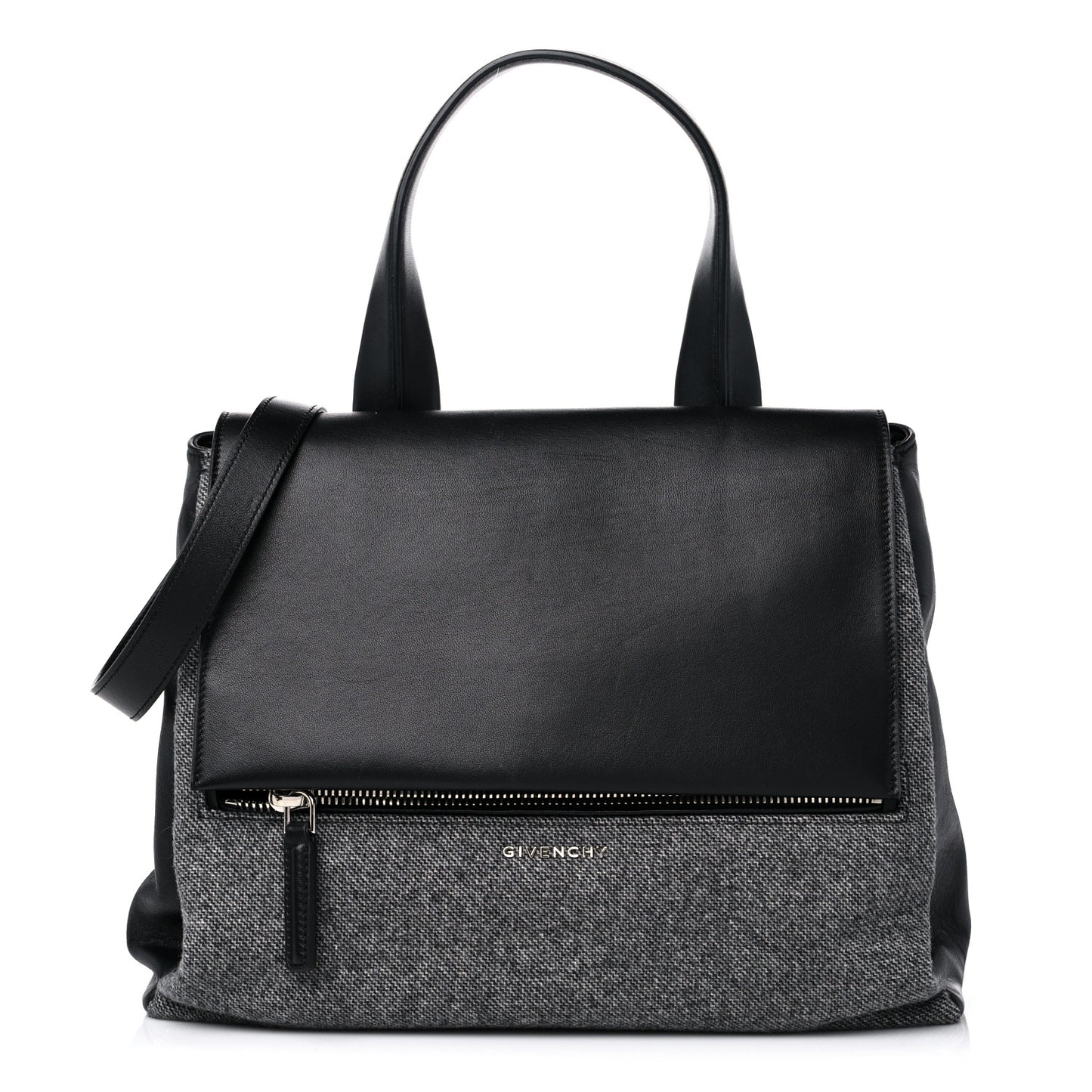 Tweed Wool Calfskin Medium Pandora Pure Flap Bag Dark Grey Black