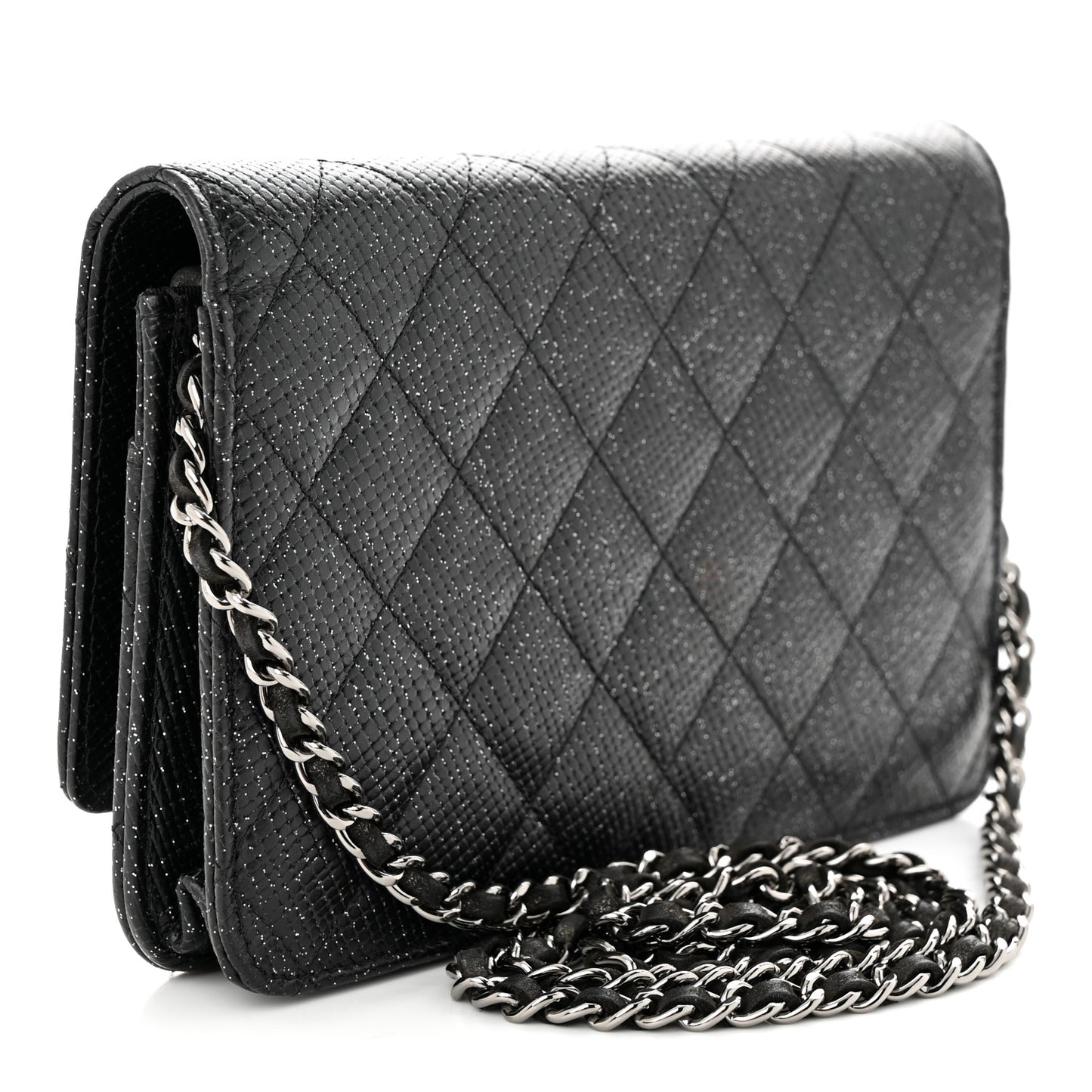 Glitter Calfskin Quilted Wallet on Chain WOC Black Silver