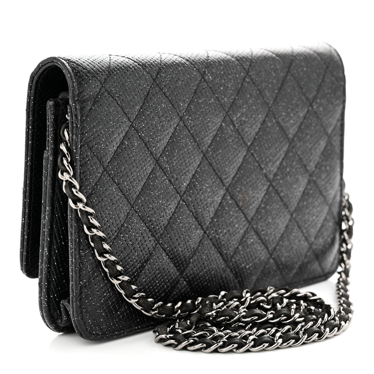 Chanel Glitter Calfskin Quilted Wallet on Chain WOC Black Silver 3 of 13