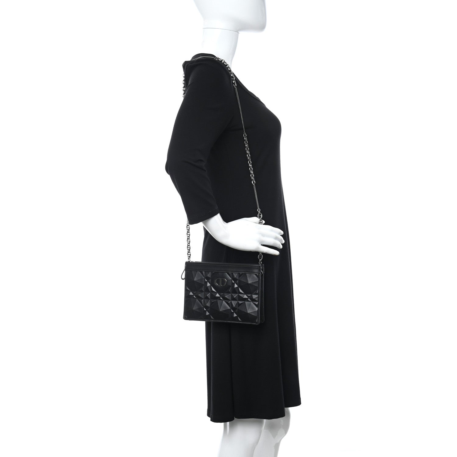 Christian Dior Calfskin Macrocannage Diamond Caro Zipped Pouch With Chain Black 2 of 13