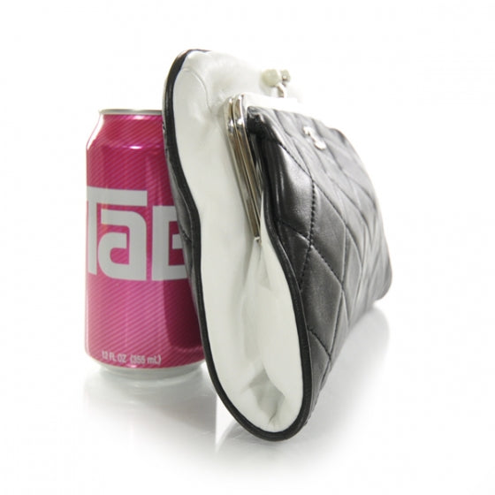 Lambskin Quilted Resin Pearl Clasp Clutch Black White