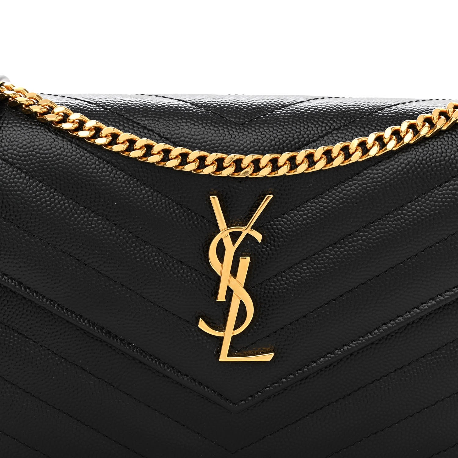 Saint Laurent Grain De Poudre Matelasse Chevron Monogram Envelope Chain Wallet Black 7 of 10