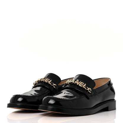 Chanel Shiny Calfskin Logo Loafers 38.5 Black 3 of 10