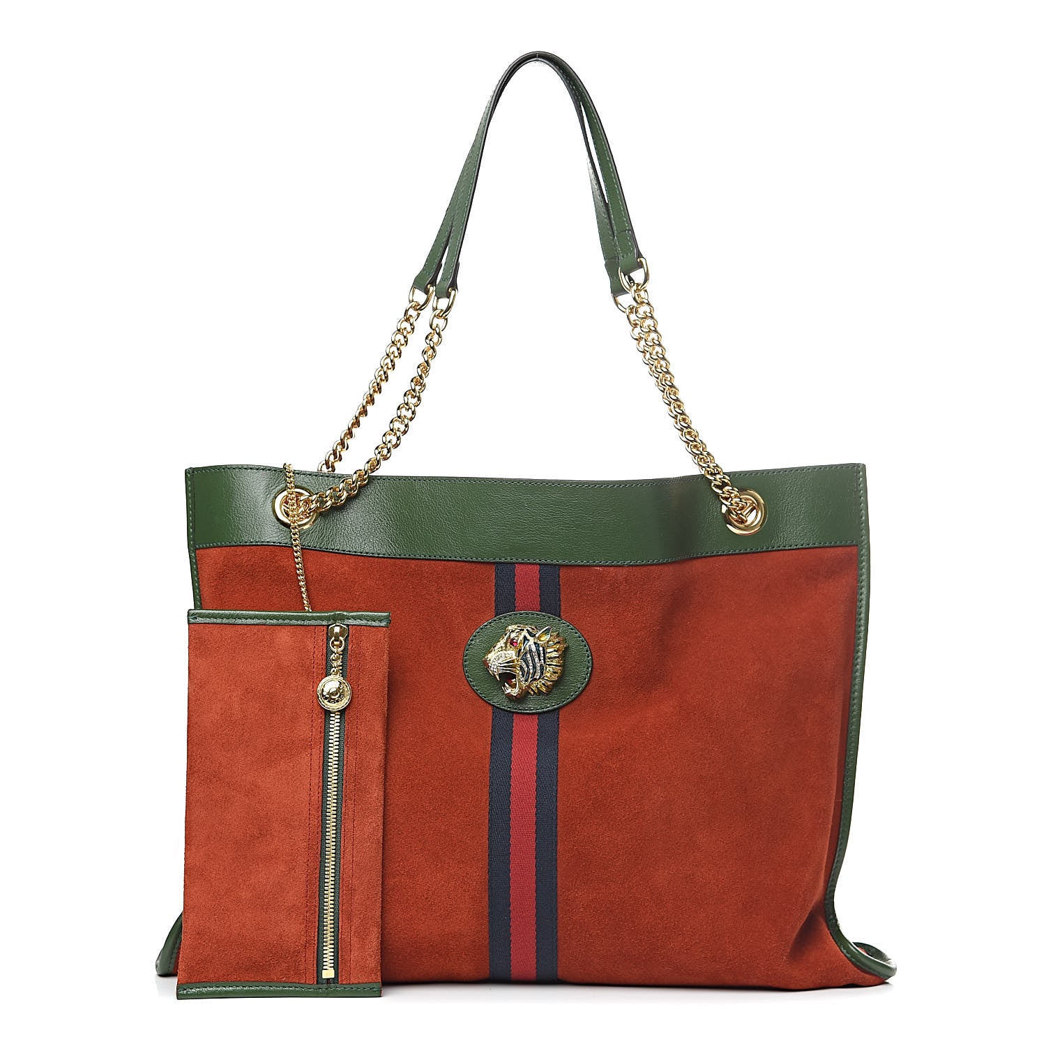 Gucci Suede Calfskin Large Rajah Chain Tote Hibiscus Red Green 1 of 14
