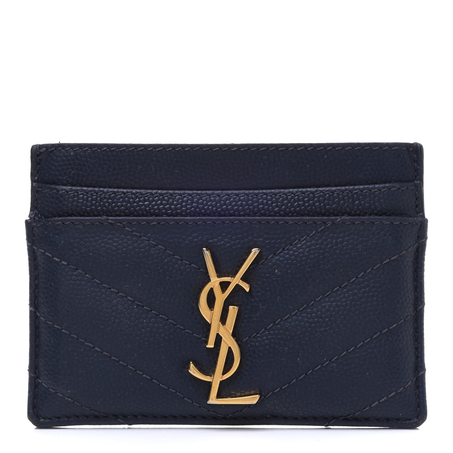 Saint Laurent Grain De Poudre Matelasse Chevron Monogram Credit Card Case Navy 1 of 12