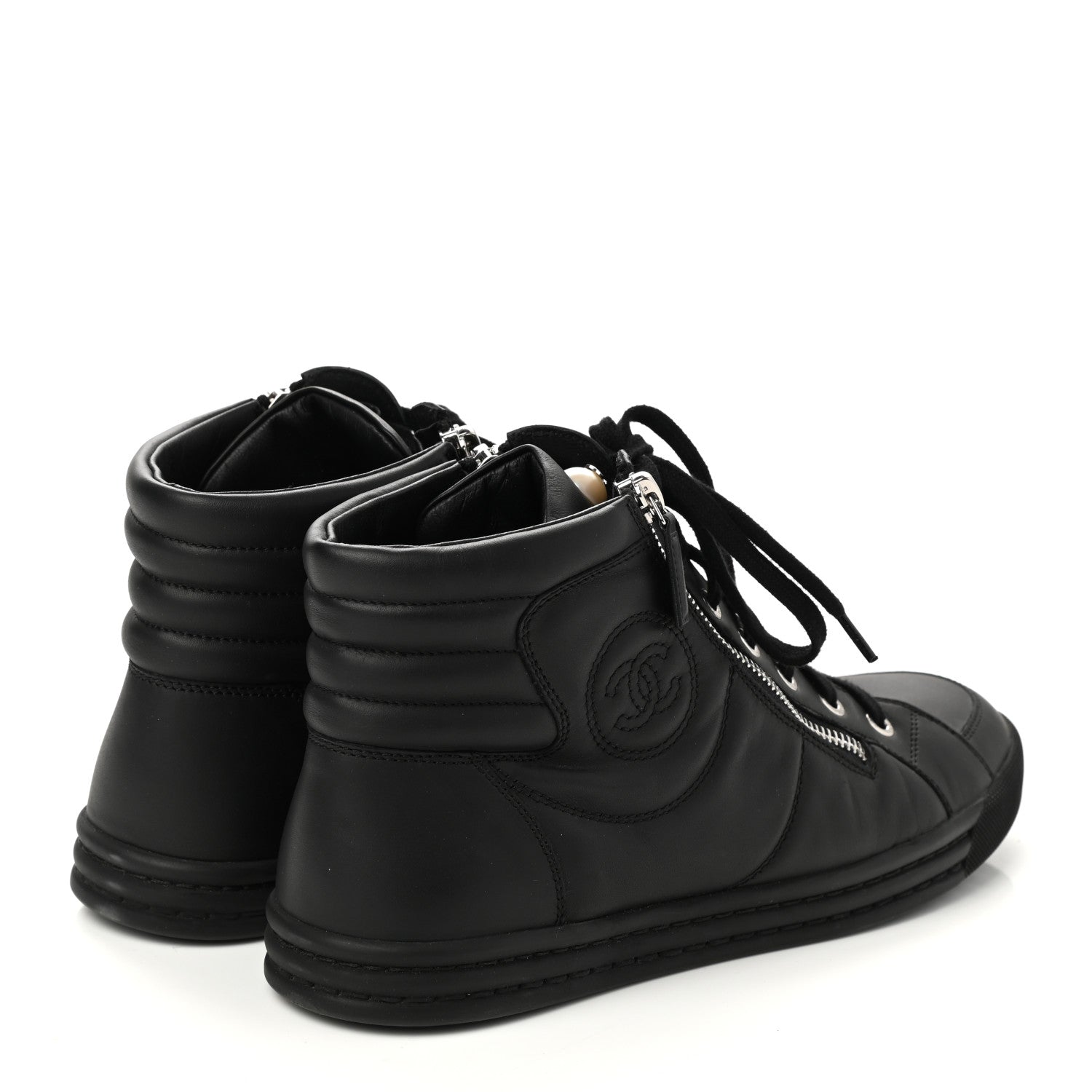 Chanel Calfskin Pearl High Top CC Sneakers 39.5 Black 4 of 8