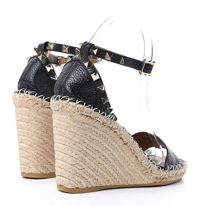 Valentino Garavani Grained Calfskin Rockstud Ankle Strap Espadrille 15/105mm Wedge Sandals 37 Black Light Cuir Natural 4 of 9